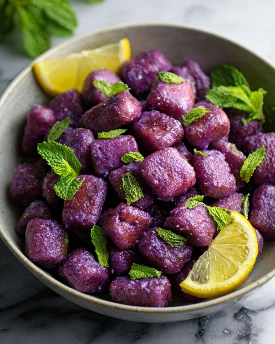 The image shows a bowl filled with small, purple gnocchi pieces, each having a soft, slightly rough texture. The gnocchi are piled up in layers inside a round white bowl, with bright green mint leaves scattered on top and mixed among them. Two thin lemon slices rest on the side of the bowl, adding a fresh yellow touch to the rich purple and green colors. The background is a white marbled surface. photo taken with an iphone --ar 4:5 --v 7
