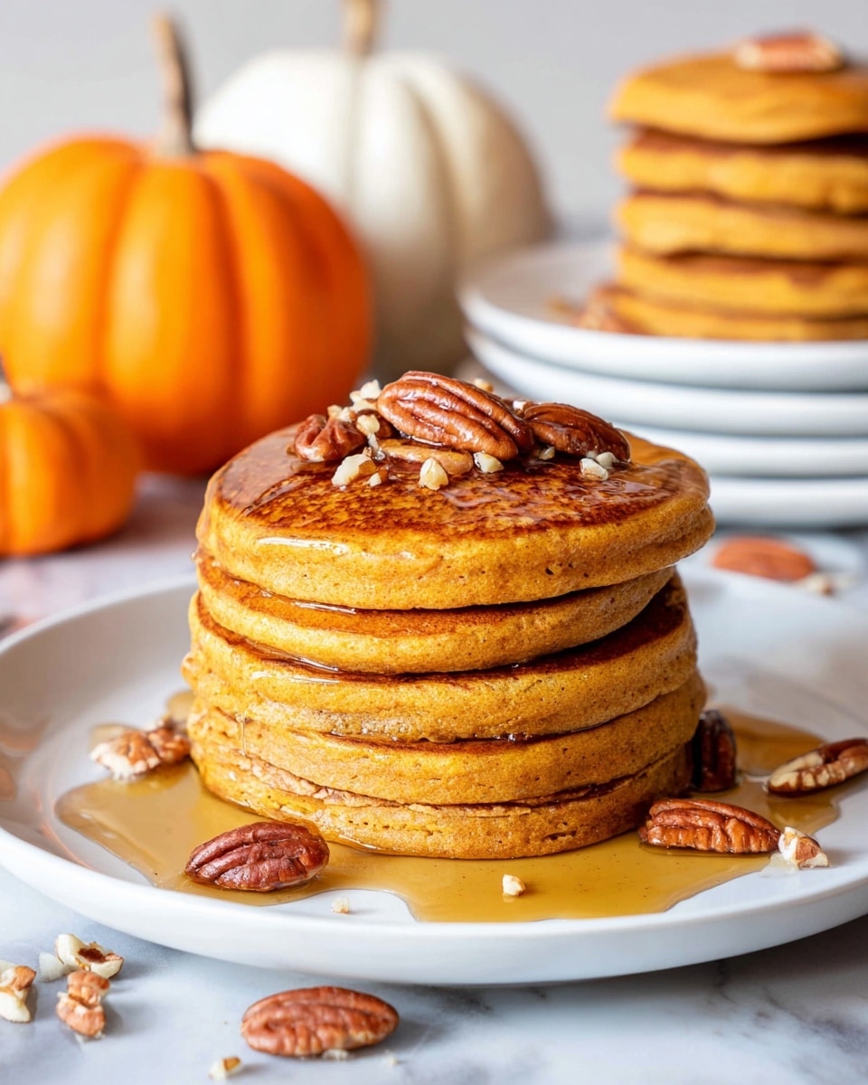 A stack of five golden brown pancakes sits in the center of a white plate, each pancake thick with a slightly rough texture. The top pancake is decorated with small chopped pecans and a whole pecan piece in the middle, while golden syrup slowly drips over the sides of the stack and pools on the plate below. Around the base of the stack, more pecan halves and bits are scattered. In the background, two pumpkins—one orange and one white—are visible, with another blurred stack of pancakes on a white plate behind. The scene is set on a white marbled surface. photo taken with an iphone --ar 4:5 --v 7