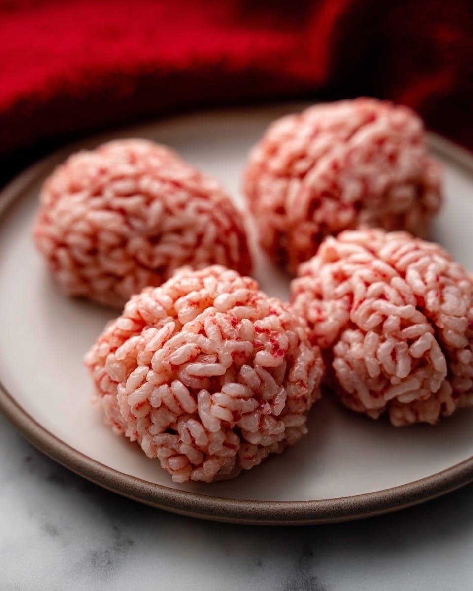 The image shows four triangular rice balls placed on a white round plate. Each rice ball has a glossy texture with tightly packed grains that are pinkish-red in color, evenly mixed throughout the rice. The rice grains look soft and sticky, giving the balls a smooth appearance with tiny rice details visible. The plate sits on a white marbled surface, and a red cloth is blurred softly in the background. photo taken with an iphone --ar 4:5 --v 7