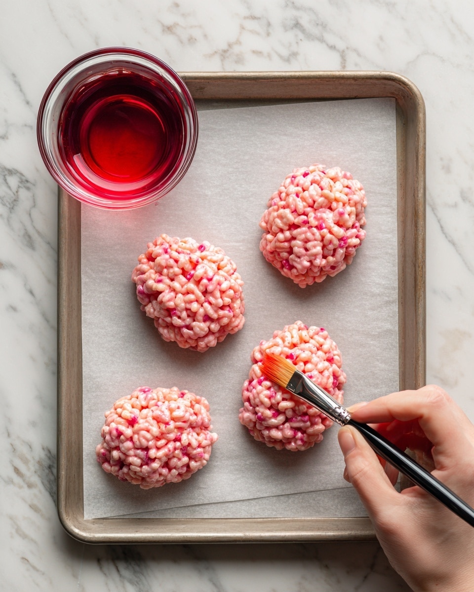 The image shows a baking tray lined with light gray parchment paper, holding five rough round clusters of pink rice cereal treats. The treats have a bumpy texture with small puffed rice pieces stuck together in uneven mound shapes, each a soft pink with bits of bright red mixed in. A woman's hand holding a fine paintbrush is gently applying red liquid color to one of the clusters in the middle. Near the top left corner of the tray is a clear glass bowl containing the red liquid dye. The background is a white marbled surface, making the colors of the treats stand out. Photo taken with an iphone --ar 4:5 --v 7