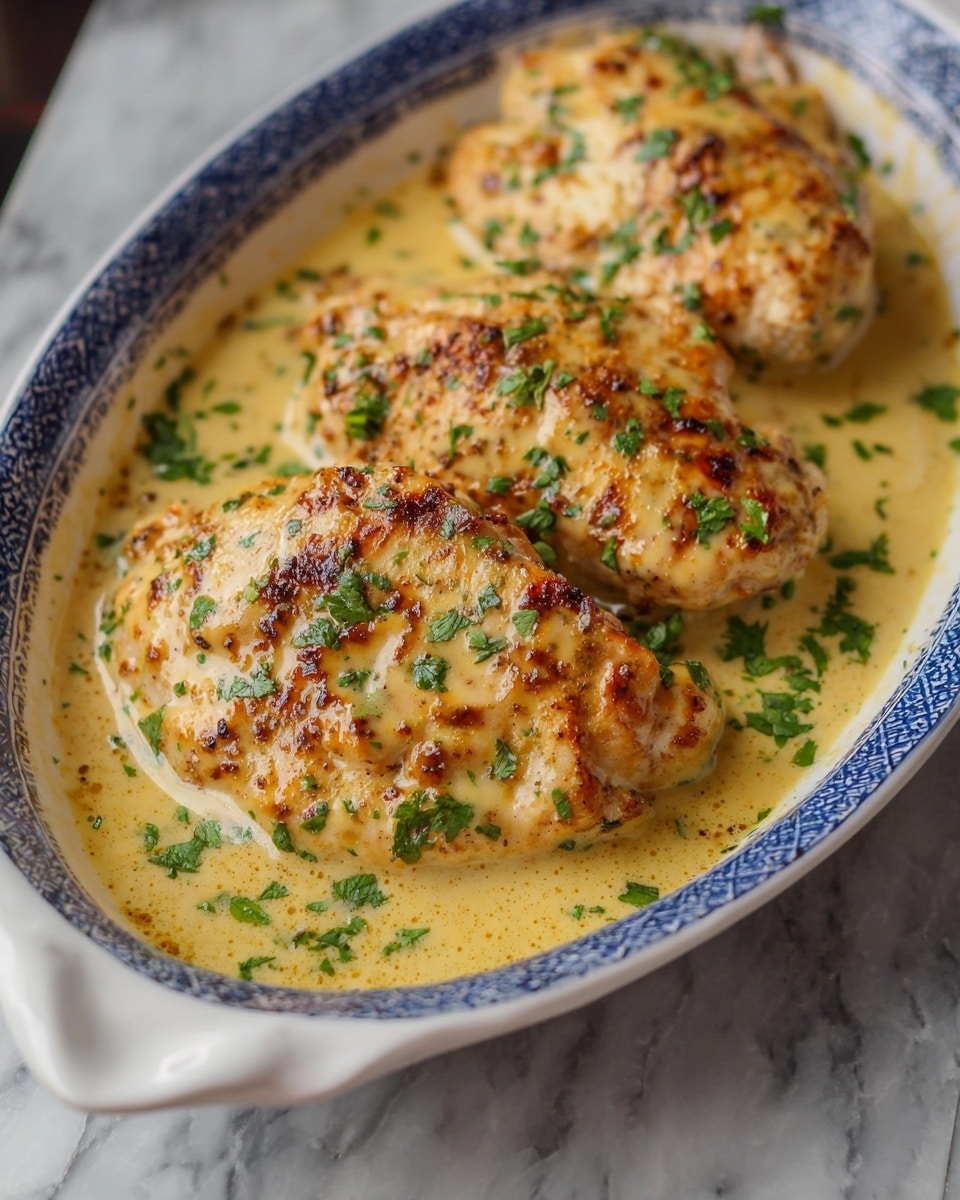 The image shows three grilled chicken pieces with a golden brown layer on top, covered in a creamy, slightly yellow sauce. The chicken has a slightly rough texture from the grilled surface, and small green herb pieces are sprinkled over the chicken and sauce. The dish is in a white oval bowl with blue patterned edges, placed on a white marbled surface. Photo taken with an iphone --ar 4:5 --v 7