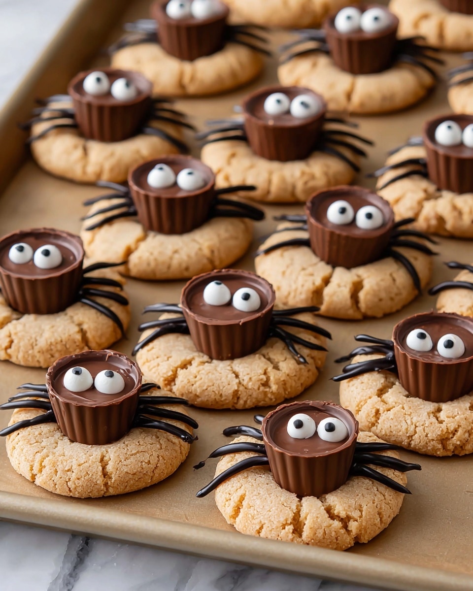 The image shows many round cookies with a rough, light brown texture as the base layer, topped with a small chocolate cup placed in the center. On both sides of the chocolate cup, two white candy eyes with black dots create a playful face. Thin lines of dark chocolate are drawn from the chocolate cup outward like spider legs, with four legs on each side, making the cookie look like a spider. All cookies are placed closely together on a beige baking sheet, with the baking sheet on a white marbled textured surface. photo taken with an iphone --ar 4:5 --v 7