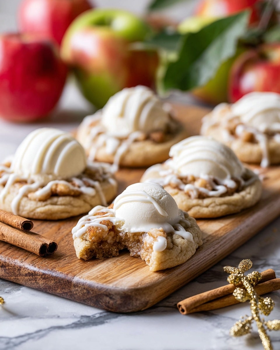 A wooden board holds several round cookies with three visible layers: a light beige soft cookie base, a crumbled brown topping in the middle, and white icing drizzled on top, each cookie crowned with a scoop of white ice cream. The closest cookie has a bite taken out of it, showing the soft texture inside. The board sits on a white marbled surface, with cinnamon sticks and a small gold twig decoration beside it. In the blurred background, there are red and green apples with leaves. Photo taken with an iphone --ar 4:5 --v 7