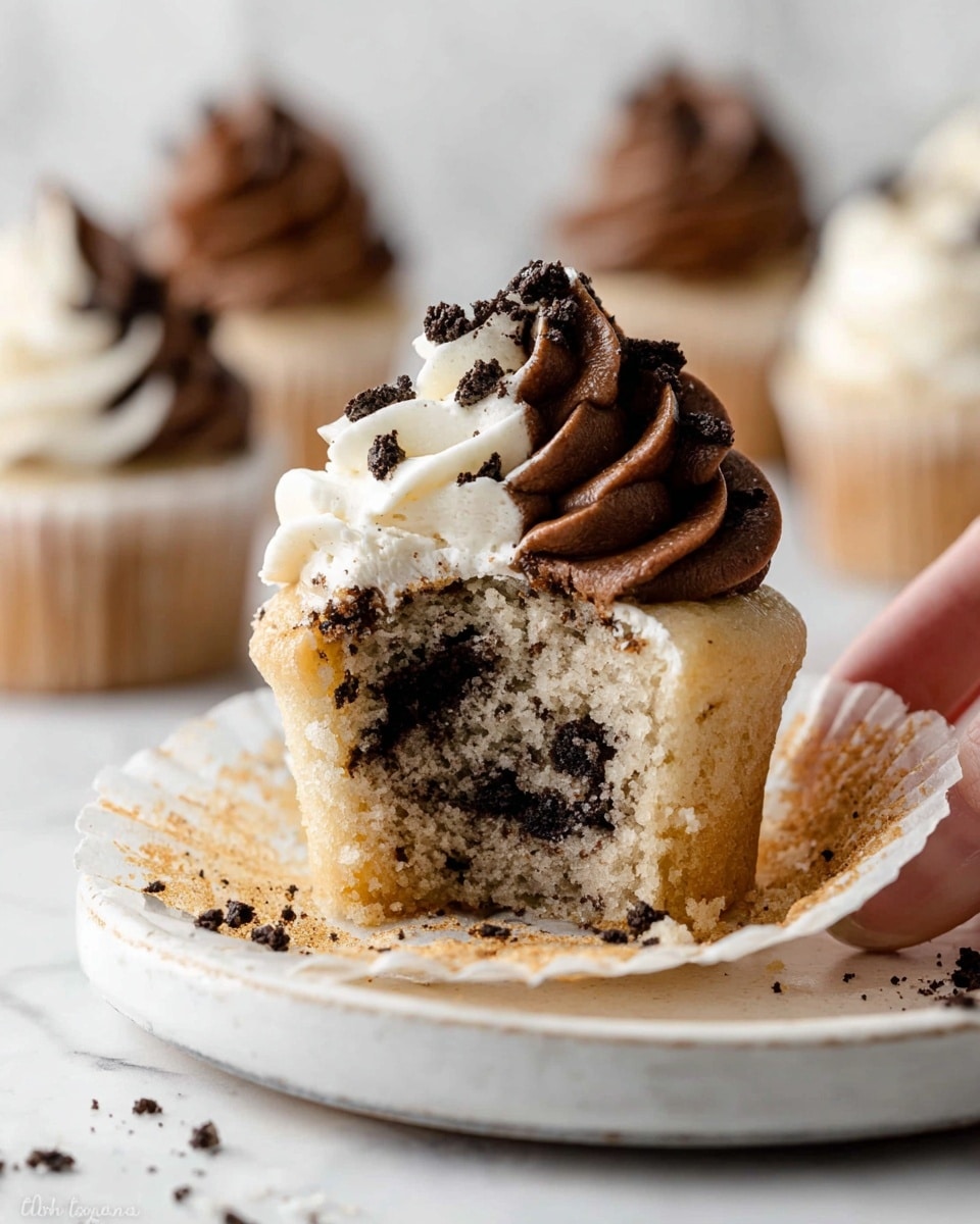 The image shows a cupcake with two thick layers of frosting on top, one white and one chocolate brown, swirled together in a neat pattern. The cupcake itself has a light beige color with dark cookie pieces mixed inside, visible because a woman’s hand took a bite out of it. The frosting is sprinkled with small bits of crushed dark cookies. The cupcake sits on a white plate with a slightly uneven edge, placed on a white marbled surface, with a few crumbs scattered around. In the blurry background, there are more cupcakes with similar frosting styles. Photo taken with an iphone --ar 4:5 --v 7