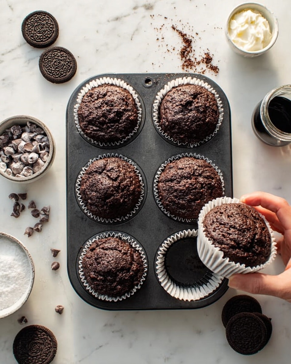 A white marbled surface holds a black muffin tray with six dark brown chocolate muffins that have a rough, crumbly top texture, each sitting in white paper liners. To the right, a woman's hand lifts one muffin out of the tray. Around the tray, there are several Oreo cookies, some lying flat, others standing, along with scattered chocolate chips. Nearby, a small white bowl filled with white powdered sugar and another bowl with a creamy white filling are visible, as well as a small glass jar of dark liquid. Photo taken with an iphone --ar 4:5 --v 7