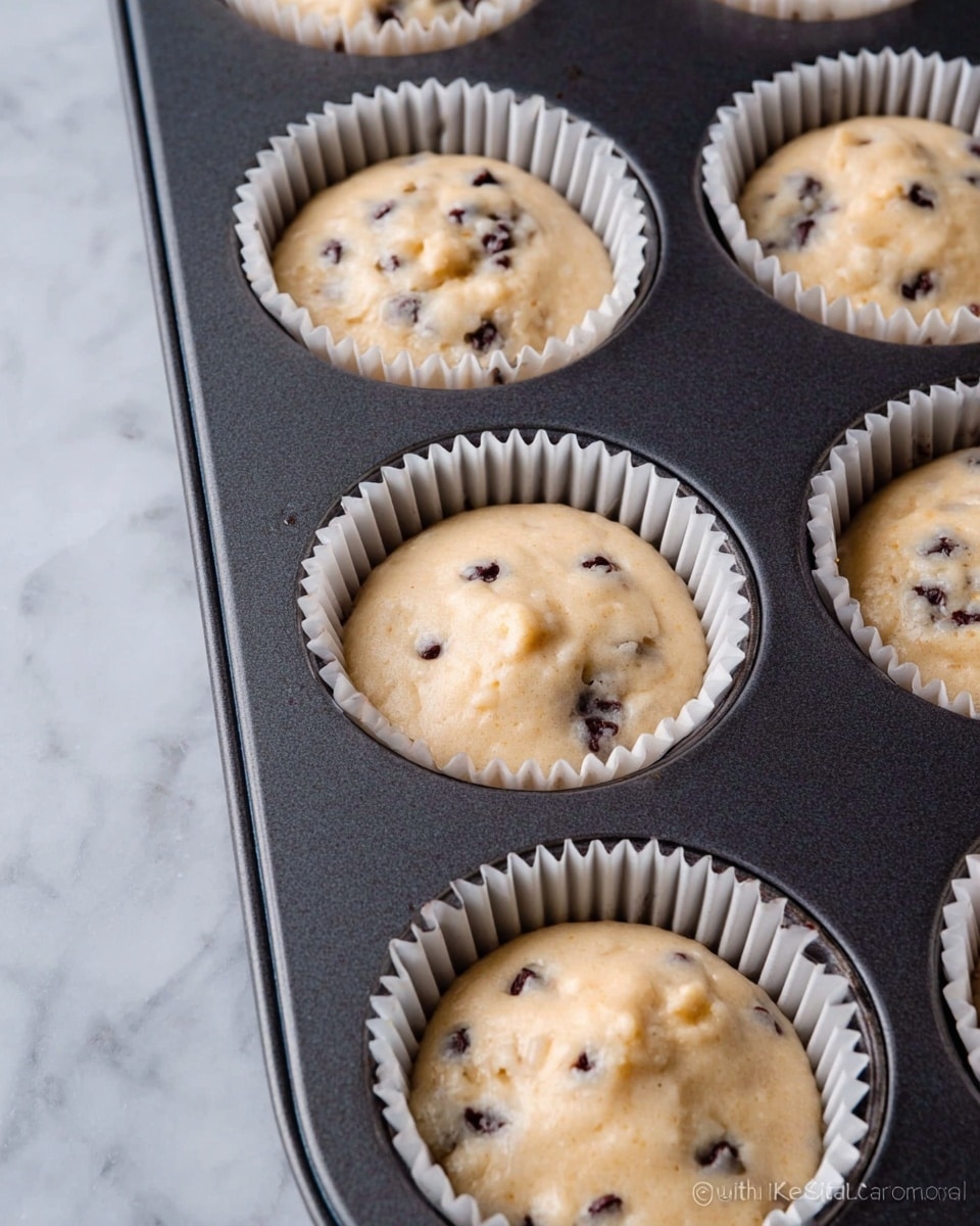 Close-up of a dark gray muffin tray holding nine white paper liners filled with light beige batter mixed with small dark chocolate chips. Each liner is filled unevenly, showing a thick, slightly lumpy texture with small bubbles and chocolate pieces spread through the batter. The tray rests on a white marbled surface. The photo taken with an iphone --ar 4:5 --v 7
