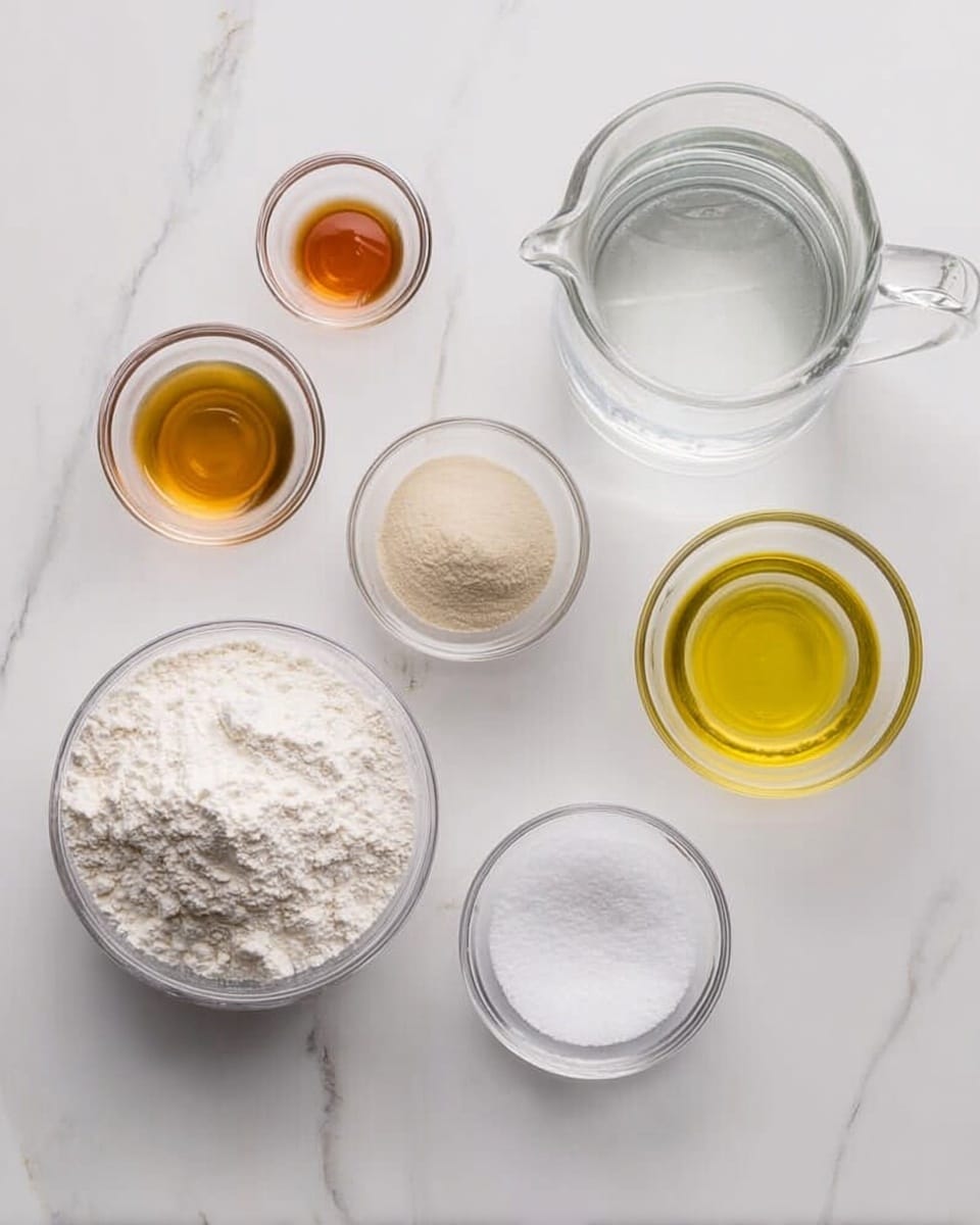 The image shows seven clear bowls of different sizes arranged on a white marbled surface, each containing a separate ingredient. From left to right, there is a large bowl full of white flour at the bottom left, a tall glass container with a handle filled with clear water at the top right, and a small bowl of golden yellow liquid at the bottom right. At the top left, there is a small bowl with amber-colored oil or syrup. Centered near the top is a small bowl of beige yeast, below it a medium bowl of white granulated sugar, and closest to the bottom center is a small bowl of white salt. The setup is clean and organized, showing the basic ingredients needed for baking or cooking photo taken with an iphone --ar 4:5 --v 7
