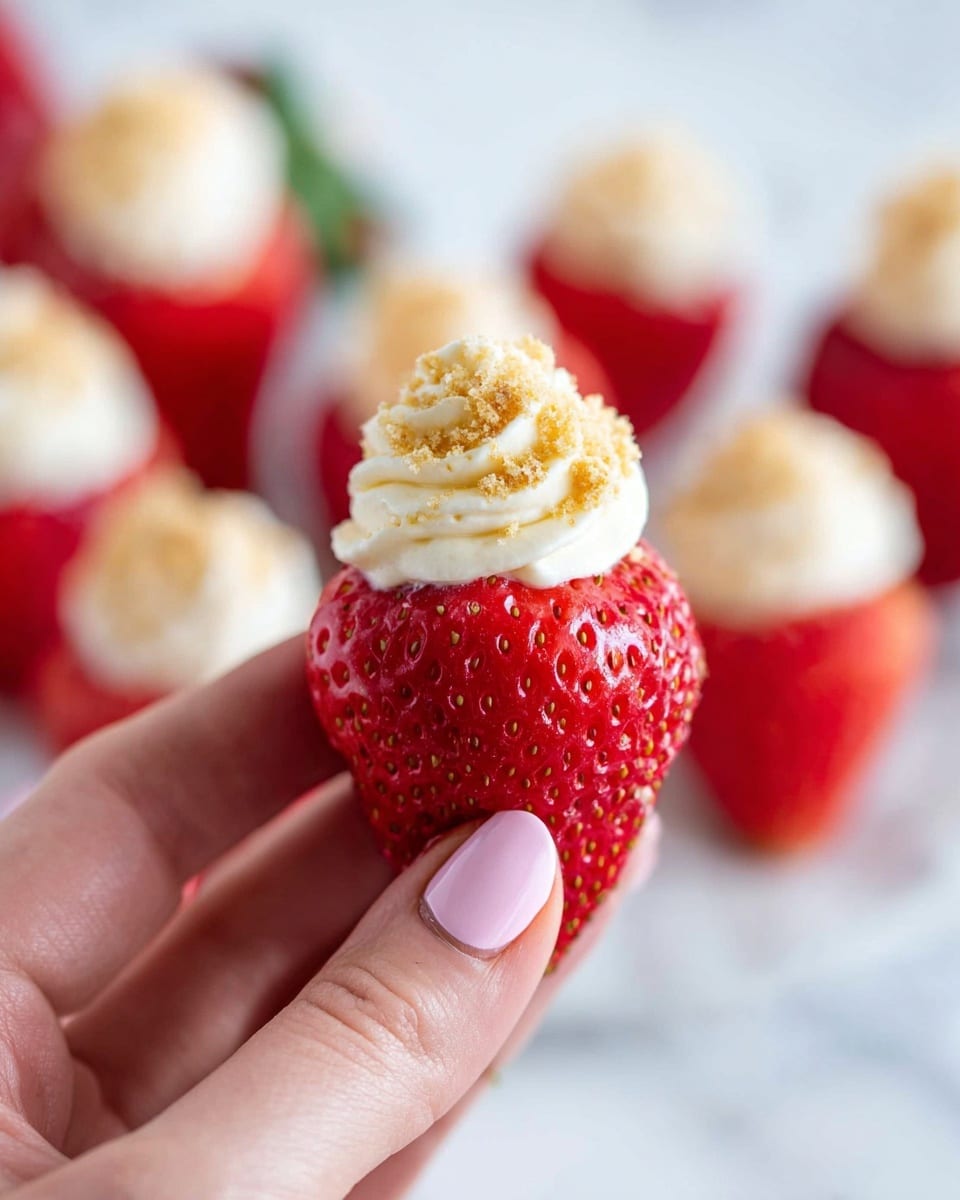 A close-up of a bright red strawberry being held by a woman's hand with light pink nail polish. The strawberry has a small swirl of white cream on top, topped with a light golden crumbly layer. In the blurred background, there are several more strawberries, each filled with white cream and a crumb topping. The scene sits on a white marbled surface. photo taken with an iphone --ar 4:5 --v 7