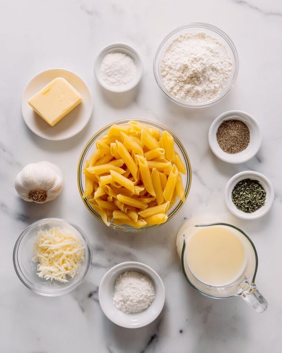 The image shows various cooking ingredients arranged neatly on a white marbled surface. In the middle, there is a clear glass bowl filled with uncooked yellow penne pasta. Surrounding it in a circle are smaller white dishes and clear glass bowls containing white flour, black pepper, green dried herbs, salt, grated cheese, and a whole garlic bulb nearby. A small white dish holds a slice of butter, while a clear glass measuring cup contains a light yellow liquid, and another clear glass measuring cup holds milk. The setup is clean and simple with each ingredient clearly visible. Photo taken with an iphone --ar 4:5 --v 7