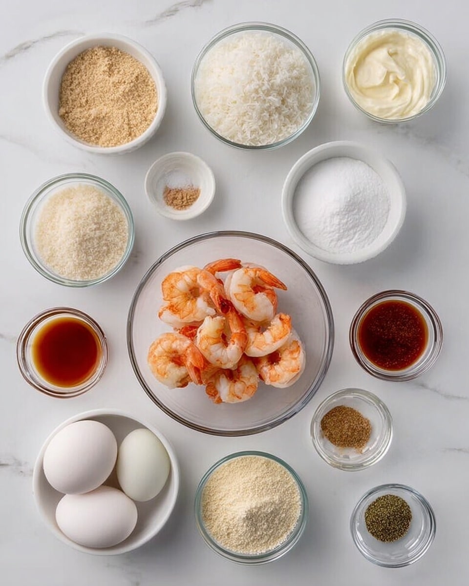 The image shows various ingredients laid out neatly on a white marbled surface in small white and clear glass bowls. In the center, there is a clear bowl full of raw shrimp with orange tails, surrounded by bowls of white rice, mayonnaise-like sauce, a small amount of clear liquid, seasoning powders, black pepper, breadcrumbs, a thick flour-like powder, two white eggs in a clear bowl, and a reddish-brown sauce. Each ingredient is separated clearly in its own bowl, creating a clean and organized look. Photo taken with an iphone --ar 4:5 --v 7