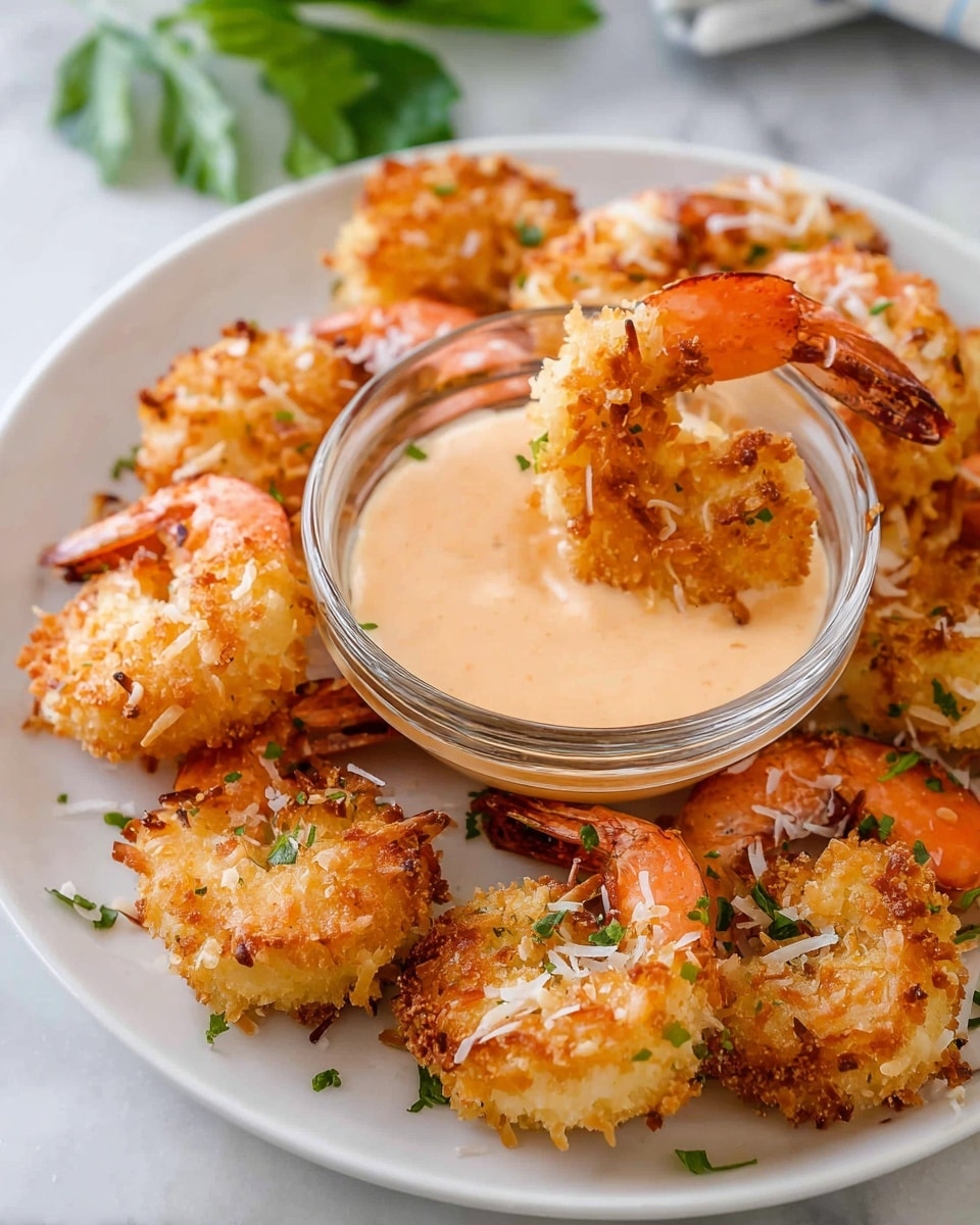 A white plate holds a pile of golden, crispy coconut shrimp with visible toasted shredded coconut on the outside, each shrimp showing its pink tail. In the center of the plate is a clear glass bowl filled with a smooth, creamy light orange dipping sauce. One shrimp is partly dipped into the sauce, resting on the rim of the bowl. Fresh green herb bits are sprinkled lightly over the shrimp, and a green leafy garnish sits blurred in the background on the white marbled surface. photo taken with an iphone --ar 4:5 --v 7