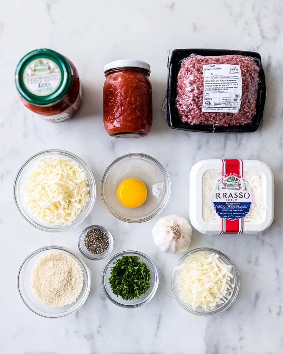 The image shows an organized layout of ingredients on a white marbled surface, including a jar of red marinara sauce with a green lid in the center-left, a package of raw ground beef wrapped in black plastic with a label in the center, and a white container of ricotta cheese with red and blue stripes on the right. Surrounding the main items are small white bowls and glass bowls holding shredded white cheese, a beaten yellow egg, finely chopped green herbs, minced garlic, black pepper, salt, chopped white onion, and light beige breadcrumbs. All items are laid flat with clear, bright lighting, photo taken with an iphone --ar 4:5 --v 7
