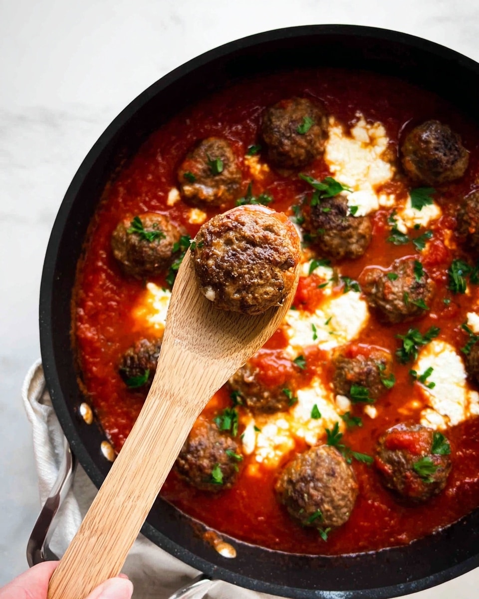 The image shows a black pan filled with a rich red tomato sauce, holding several browned meatballs evenly placed in the sauce. There are soft white dollops of cheese scattered among the meatballs, creating a creamy texture contrast. Bright green small parsley leaves are sprinkled on top, adding a fresh color touch. A wooden spoon, held by a woman's hand, is lifting one of the meatballs above the sauce, showing its crumbly texture. The pan sits on a white marbled surface. photo taken with an iphone --ar 4:5 --v 7