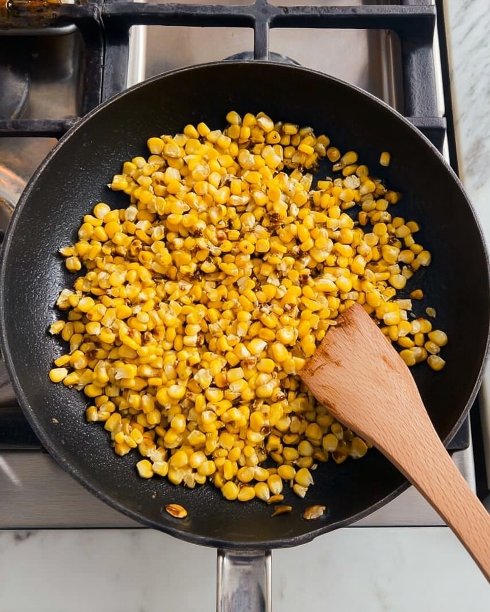 A black cast iron pan filled with one layer of cooked yellow corn kernels, some with light brown spots showing they are toasted. A wooden spatula rests on the right side of the pan, touching the corn. The pan is placed on a gas stove with metal burners visible below. The background shows a white marbled surface and part of a stove edge. photo taken with an iphone --ar 4:5 --v 7