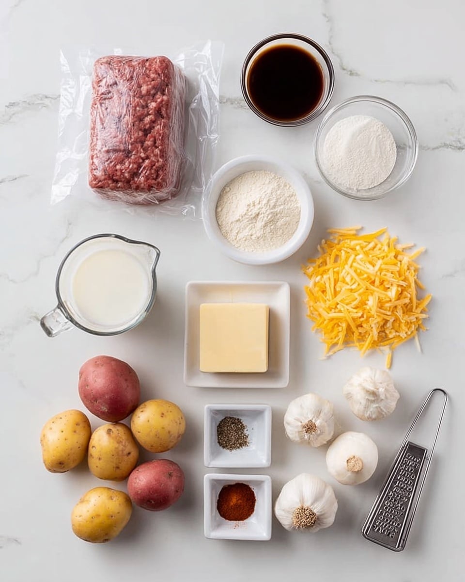 The image shows an assortment of ingredients arranged neatly on a white marbled surface. In the top left corner, there is a block of ground meat wrapped in plastic. To its right, there is a small bowl filled with dark soy sauce, and next to that is a small bowl of white flour. Below these bowls, a glass measuring cup holds milk, positioned near a small square dish with a small piece of butter. Shredded yellow cheese rests beside a cheese grater on the far right. On the lower left, two whole garlic bulbs are placed next to a cluster of small red, yellow, and beige baby potatoes. There are also two small square dishes containing salt and black pepper and a reddish spice powder. The layout is clean and well-organized, with each item clearly visible and in balance on the white marbled background. photo taken with an iphone --ar 4:5 --v 7