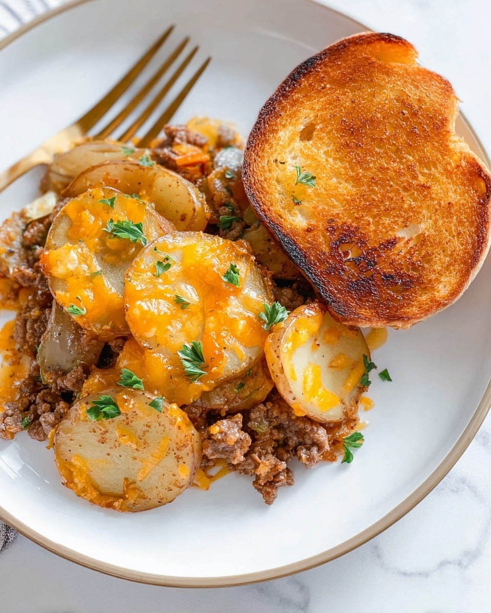A white plate with a layered dish of cooked ground beef as the bottom layer, topped with thinly sliced round potato pieces that are golden brown on the edges. Melted bright orange cheese covers parts of the potato slices, and small sprigs of fresh green parsley are scattered on top. On the right side of the plate, there is a toasted round bread half with a golden-brown crispy surface and a gold fork partially visible behind the food. The plate is on a white marbled texture. Photo taken with an iphone --ar 4:5 --v 7