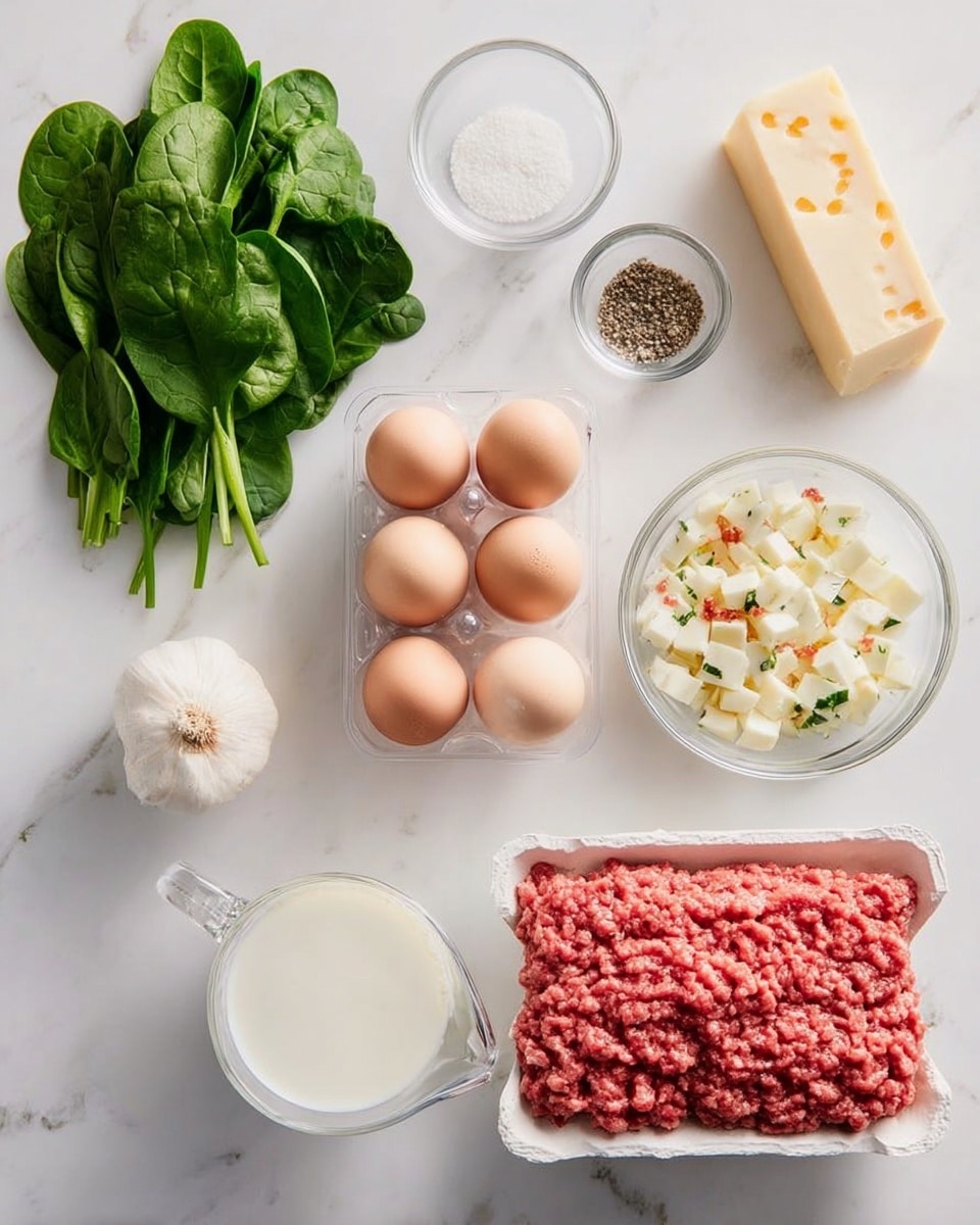 The image shows a top view of cooking ingredients neatly arranged on a white marbled surface. On the left side, there is a bunch of fresh green spinach leaves with bright veins, a bulb of garlic with smooth white skin, and a clear glass measuring cup filled with white milk. Just above, there is a small clear bowl of white salt and another small clear bowl filled with black pepper. In the center, there is a transparent plastic carton holding a row of twelve brown eggs, their shells smooth and matte. To the right of the eggs, there is a block of pale yellow cheese with a few bite-sized shredded pieces next to it. Further right, a white bowl filled with small cubed white pieces mixed with tiny bits of red and green seasoning sits on the surface. At the bottom right, a white foam tray holds a large portion of light red ground meat with a soft and fine texture. Photo taken with an iphone --ar 4:5 --v 7