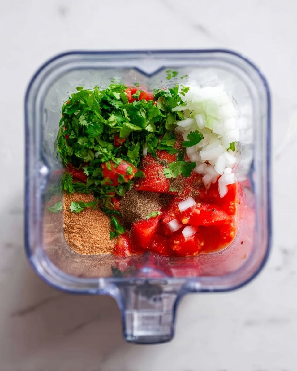 The image shows a clear blender container on a white marbled surface filled with unblended ingredients. At the bottom are bright red chopped tomatoes, layered with bright green chopped herbs like cilantro, fresh white diced onions, and light brown spices on one side. The mix looks fresh and ready to be blended, with colors contrasting inside the clear container. Photo taken with an iphone --ar 4:5 --v 7