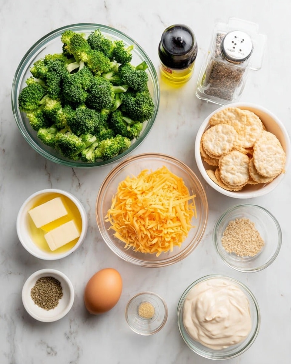 The image shows several clear glass bowls and small white dishes arranged on a white marbled surface. One large bowl is filled with bright green broccoli florets, the texture is dense and fresh-looking. Next to it, a bowl contains shredded orange cheddar cheese with a soft and slightly coarse texture. There is another bowl with crushed crackers that are light beige and uneven in size, some whole round beige crackers sit on top. A single brown egg lies beside a small white dish of melted butter, which is smooth and shiny yellow. Two more small white dishes hold finely ground light brown and pale beige spices, arranged side by side. A tall transparent bottle of black pepper stands upright, showing dark coarse grains within. Finally, there are two small clear glass bowls with creamy contents, one is white and smooth, the other pale pink with small bits mixed in, placed near the broccoli. photo taken with an iphone --ar 4:5 --v 7