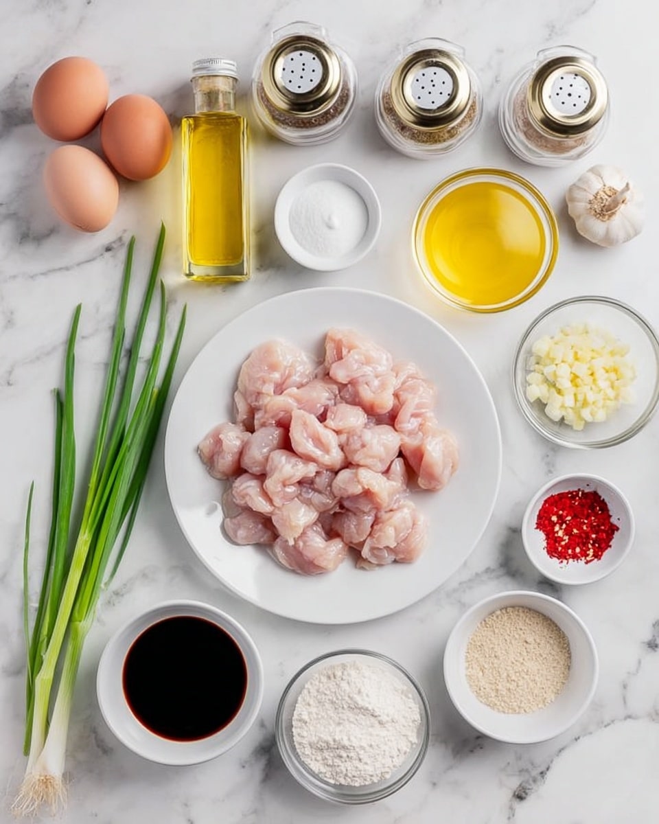 The image shows many cooking ingredients arranged neatly on a white marbled surface. In the center, there is a white plate filled with small, raw pink chicken pieces. Around the plate, there are small white bowls and glass containers holding different ingredients: two brown eggs in a glass bowl, yellow cooking oil in a plastic bottle, white salt and black pepper in glass jars with golden lids, white flour and white powdery starch in glass bowls, minced garlic in a small white bowl, clear liquid in a small glass bowl, golden yellow liquid in a white cup, dark soy sauce in a glass jug, red chili sauce in a white bowl, light brown sugar in a small white bowl, fresh green onions with long green stalks on the side, white sesame seeds in a small bowl, and red pepper flakes in another small white bowl. The items are spaced nicely and give a clean and organized look. photo taken with an iphone --ar 4:5 --v 7
