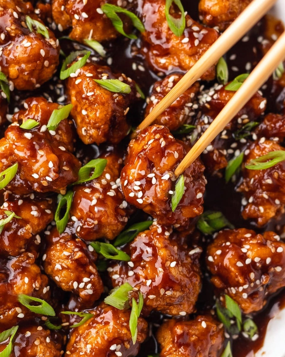 The image shows many golden brown, crispy chicken pieces covered in shiny, thick dark brown sauce, spread evenly across the image. On top of the chicken pieces, small white sesame seeds are sprinkled evenly, adding texture. Bright green sliced spring onions are scattered across the dish, creating contrast in color. A pair of wooden chopsticks is holding one piece of chicken in the middle right area. The dish is on a white marbled surface. photo taken with an iphone --ar 4:5 --v 7