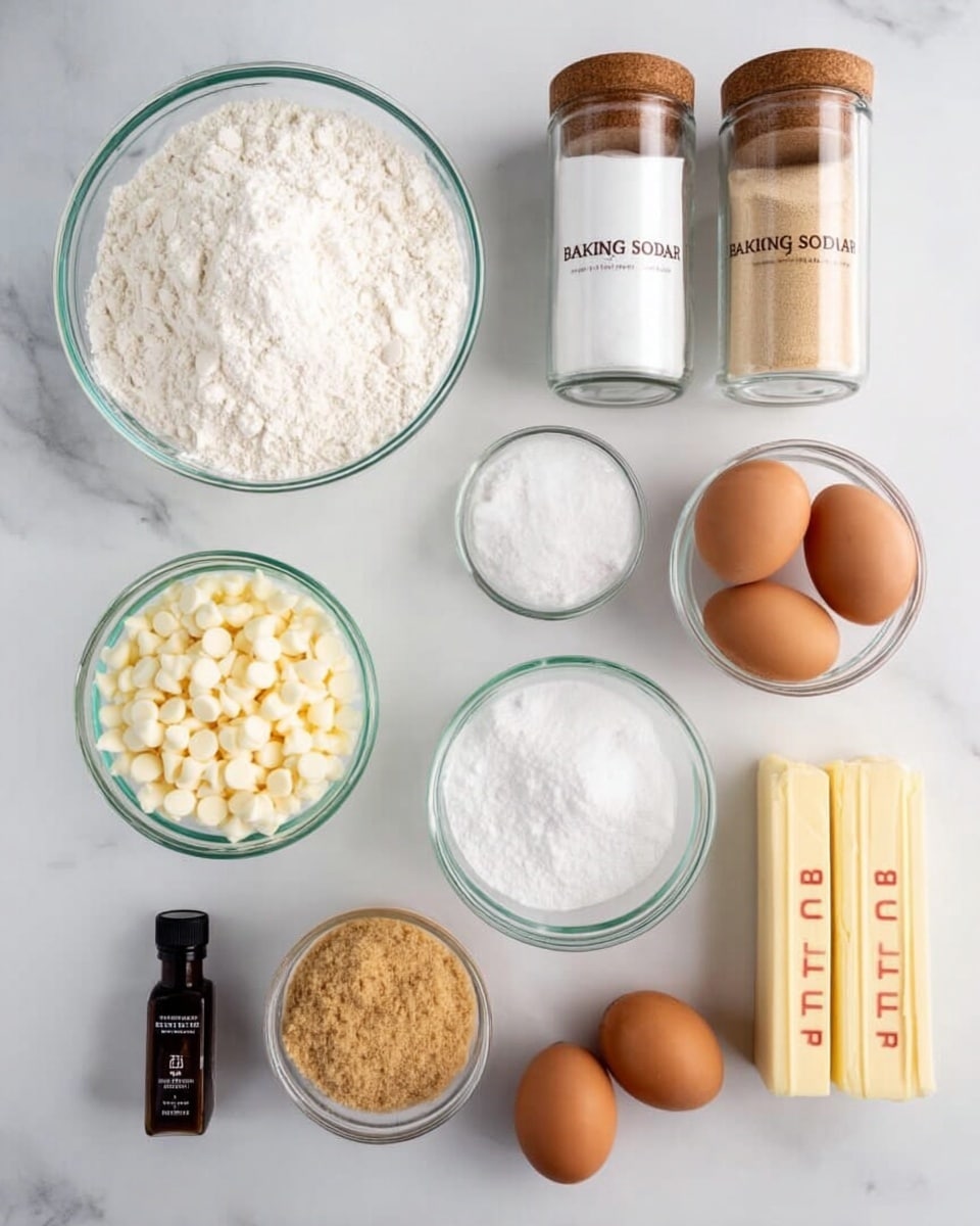 The image shows a white marbled surface with several glass bowls and jars arranged neatly. There is a large glass bowl of white flour on the top left and a similar-sized bowl of white sugar on the bottom left. Near the center, a glass bowl holds white chocolate chips. To the right, a smaller glass bowl contains light brown sugar, and next to it is a glass bowl with two light brown eggs. In the top center, there are two glass jars with wooden lids labeled baking soda and salt. Below them is a small glass bowl with white powder, likely baking powder. On the top right, two sticks of butter wrapped in yellow paper marked