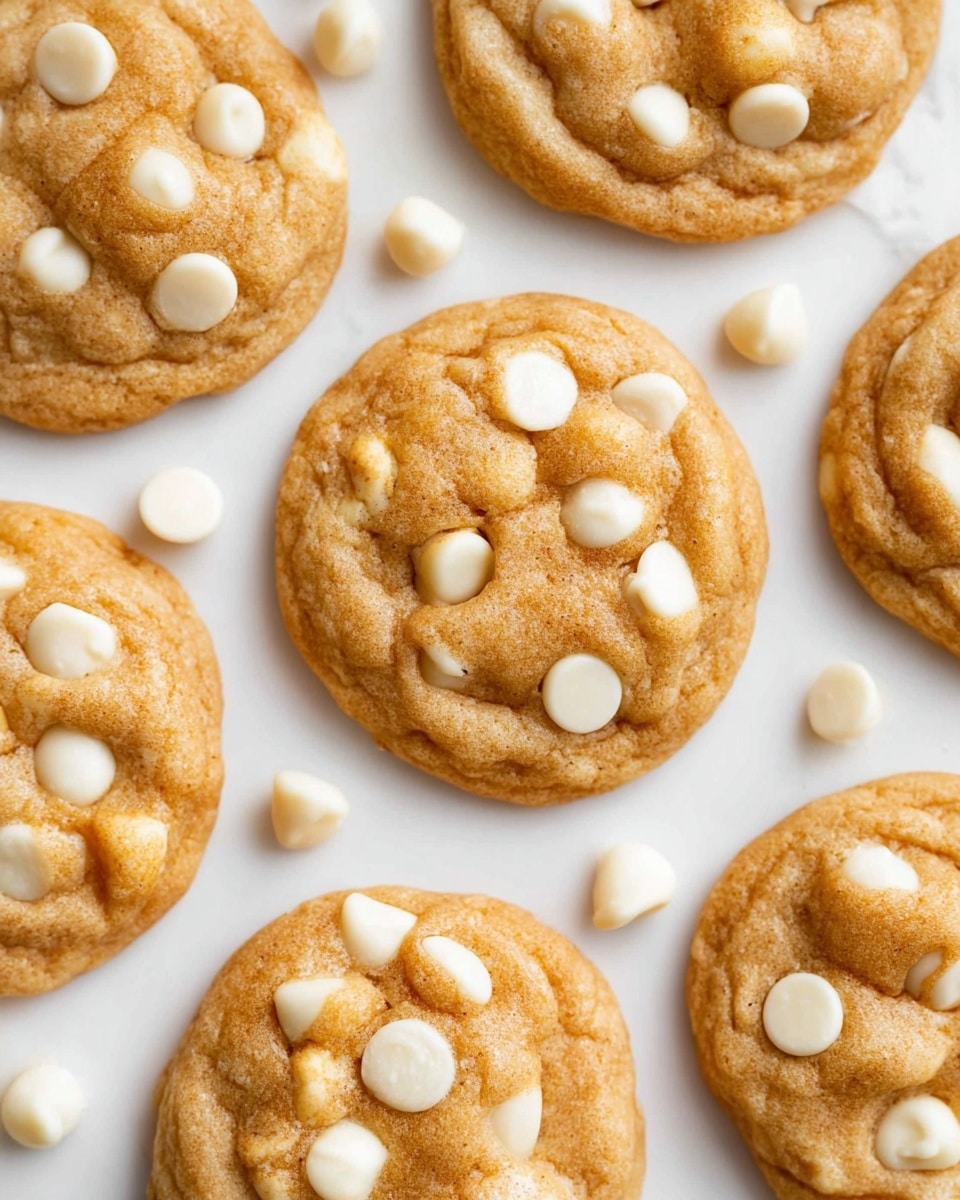 The image shows a close-up of multiple small round cookies, each with a golden brown color and dotted with white chocolate chips on top and inside. The cookies have a soft, slightly bumpy texture, and the white chocolate chips add small, smooth, bright white spots on the surface. The cookies are spread evenly over a white marbled surface with some extra white chocolate chips sprinkled around them, creating contrast against the warm tones of the cookies. photo taken with an iphone --ar 4:5 --v 7