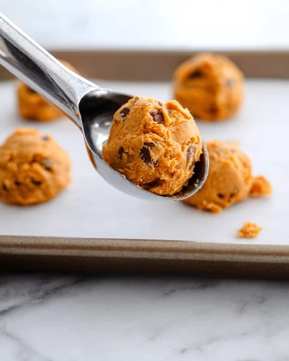 The image shows a silver scooper holding a round scoop of orange cookie dough filled with small dark chunks, about to drop it onto a white parchment paper-lined baking sheet. On the baking sheet, there are three more round scoops of the same dough, spaced apart. The dough looks soft and thick, with a slightly textured surface. The baking sheet is on a white marbled surface in the background. photo taken with an iphone --ar 4:5 --v 7