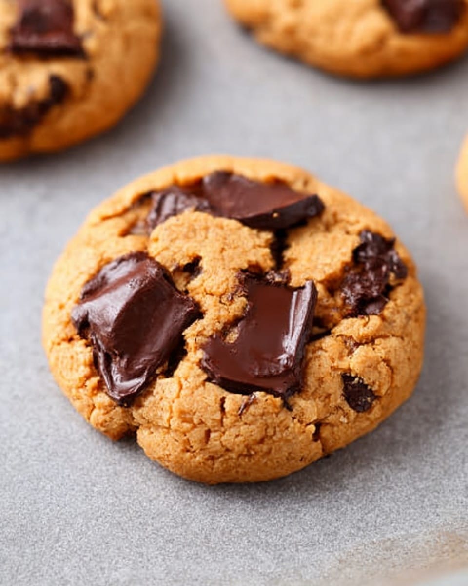 The image shows a close-up of a single round cookie with a soft, golden-brown dough base. Large, thick, dark chocolate chunks are embedded on the top surface, some slightly melted into the dough. The texture of the cookie looks soft and slightly crumbly, with visible cracks and crevices around the chocolate pieces. The cookie rests on a light gray baking sheet with a smooth, flat surface. In the background, parts of two more cookies are slightly blurred but visible. photo taken with an iphone --ar 4:5 --v 7