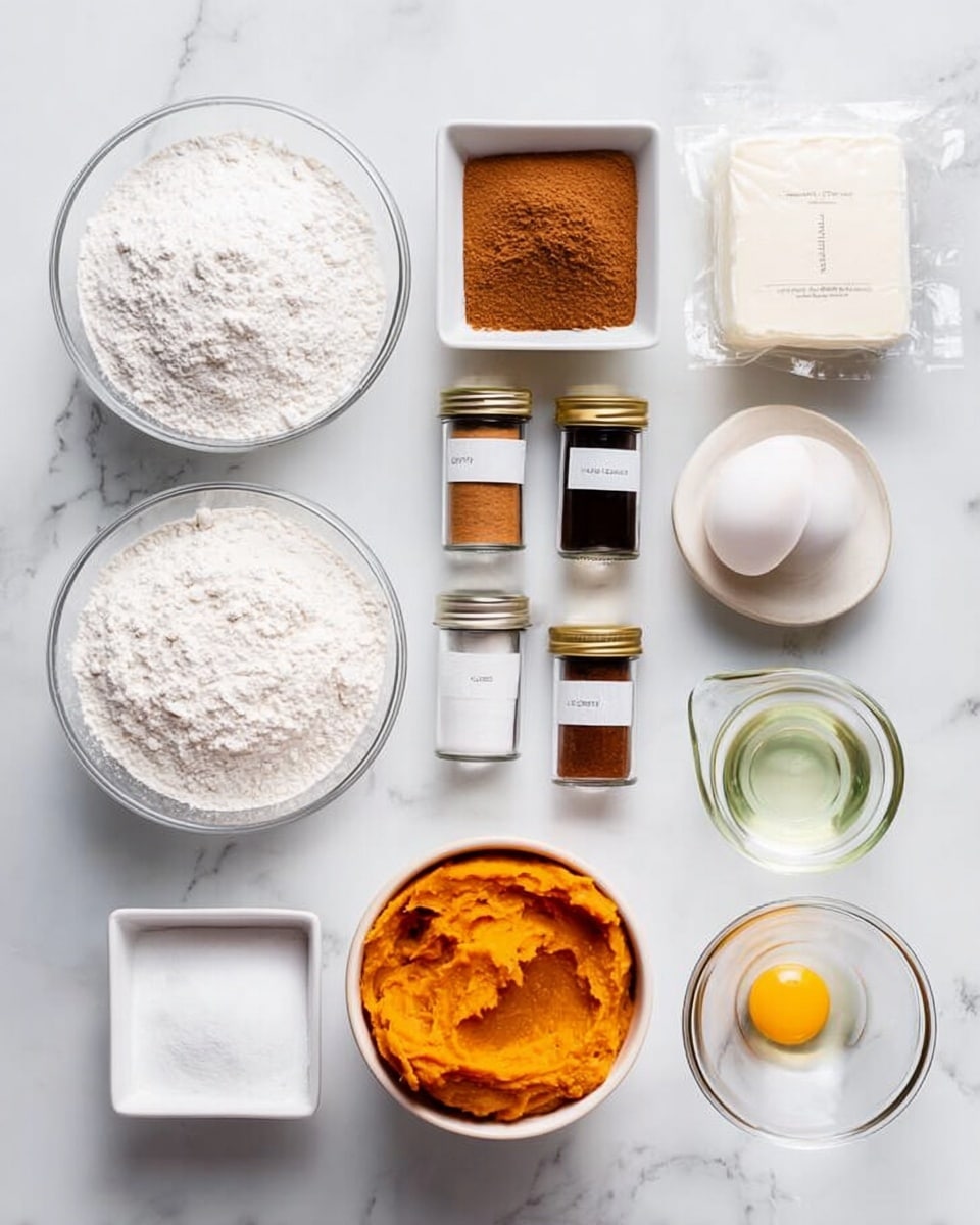 The image shows a neat arrangement of baking ingredients on a white marbled surface. There are two large round glass bowls with white flour and sugar on the left side. Next to them is a small square white dish holding brown cinnamon powder. Three small glass jars with gold lids are lined up: one labeled baking soda, one cinnamon, and one salt. In the middle sits a white bowl filled with bright orange pureed pumpkin and a small square white bowl with a single raw egg yolk. On the right, there is a small clear glass measuring cup with oil and a small round glass bowl with a beaten egg mixture. A white rectangular packet of cream cheese wrapped in foil and a small container of baking powder stand on the far right. The setup is clean and organized, ready for baking. Photo taken with an iphone --ar 4:5 --v 7