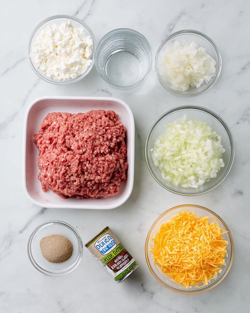 The image shows a white tray with raw ground beef in the center, surrounded by clear glass bowls and containers on a white marbled surface. To the left is a clear glass bowl filled with white cottage cheese and a small glass bowl with a beige powder. Below the beef is a small clear glass bowl with a brown spice and a small can of green chile peppers. To the right are two clear glass bowls, one with finely chopped white onions and the other with shredded yellow and white cheese. There's also a clear glass of water in the top left corner. All items are neatly arranged and the colors range from red and pink in the meat, white in the cheeses and onions, to light and dark browns in the spices, with the green from the chile can. Photo taken with an iphone --ar 4:5 --v 7