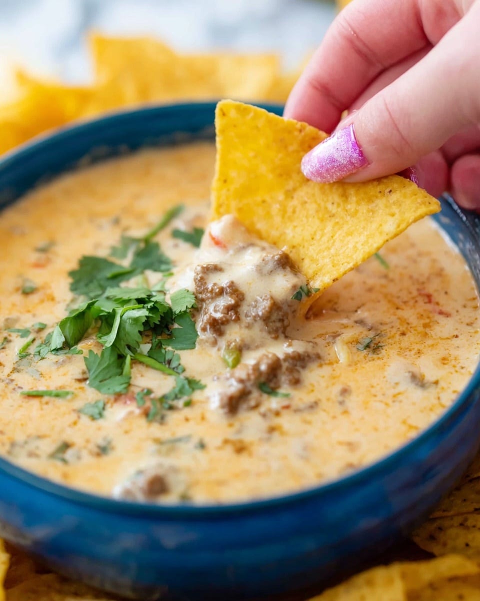 A close-up of a blue bowl filled with thick, creamy cheese dip that has small pieces of ground meat and bits of herbs mixed in, with a few green cilantro leaves sprinkled on top. A yellow triangular tortilla chip is being dipped into the cheese dip by a woman's hand with shiny light pink nail polish. The background shows more tortilla chips, all placed on a white marbled surface. Photo taken with an iphone --ar 4:5 --v 7