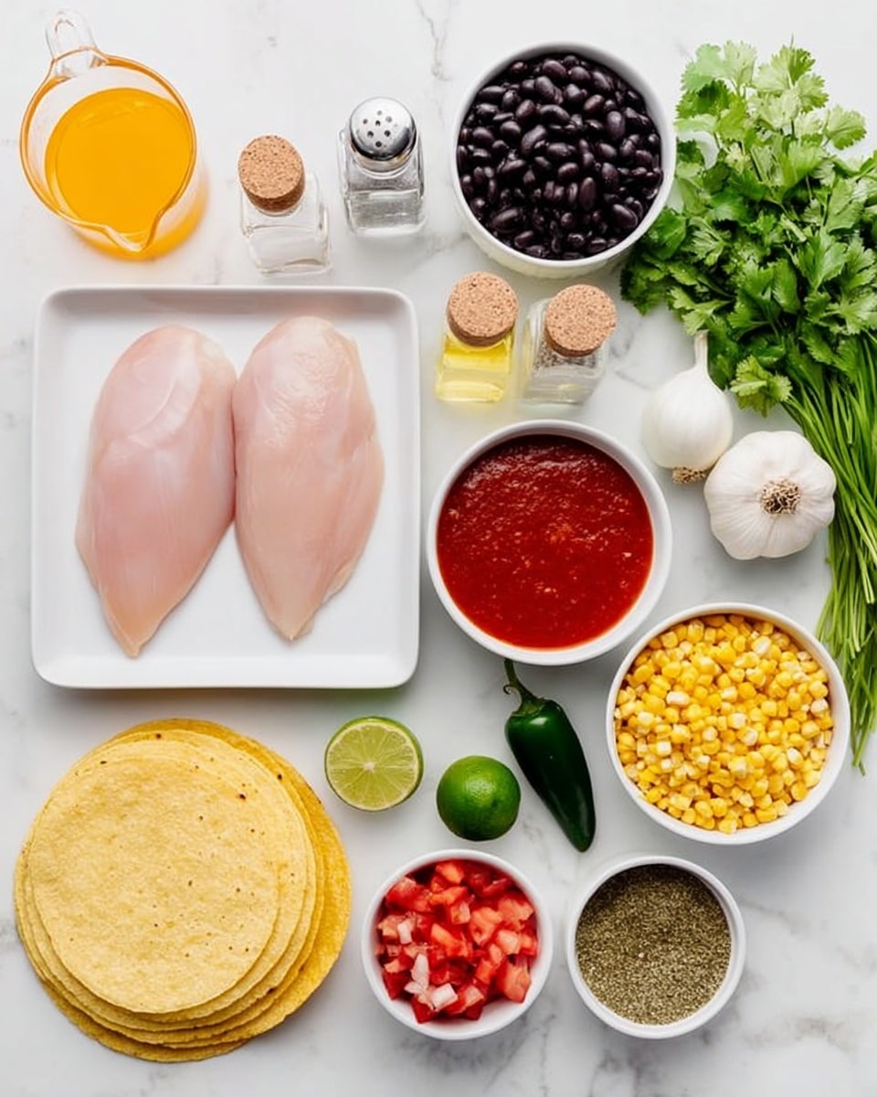 A white rectangular dish on a white marbled surface holds two raw light pink chicken fillets. To the right of the dish is a bunch of fresh green cilantro, a whole garlic bulb with peeled cloves, and a green jalapeño pepper. Below the chicken dish, six small yellow corn tortillas lay stacked with two lime halves on top. Near the tortillas is a small white bowl filled with smooth red tomato sauce, and above it sits a small white bowl of yellow corn kernels. To the left is another white bowl with diced red tomatoes next to a whole white onion. Above the onion are two small glass shakers filled with salt and greenish dried herbs, with a small bowl of brownish powdered spice above them. A round clear measuring cup containing bright orange liquid sits on the top left with a bowl of black beans near it. A bottle of golden olive oil with a wooden stopper completes the scene. The background is a smooth white marbled surface. photo taken with an iphone --ar 4:5 --v 7