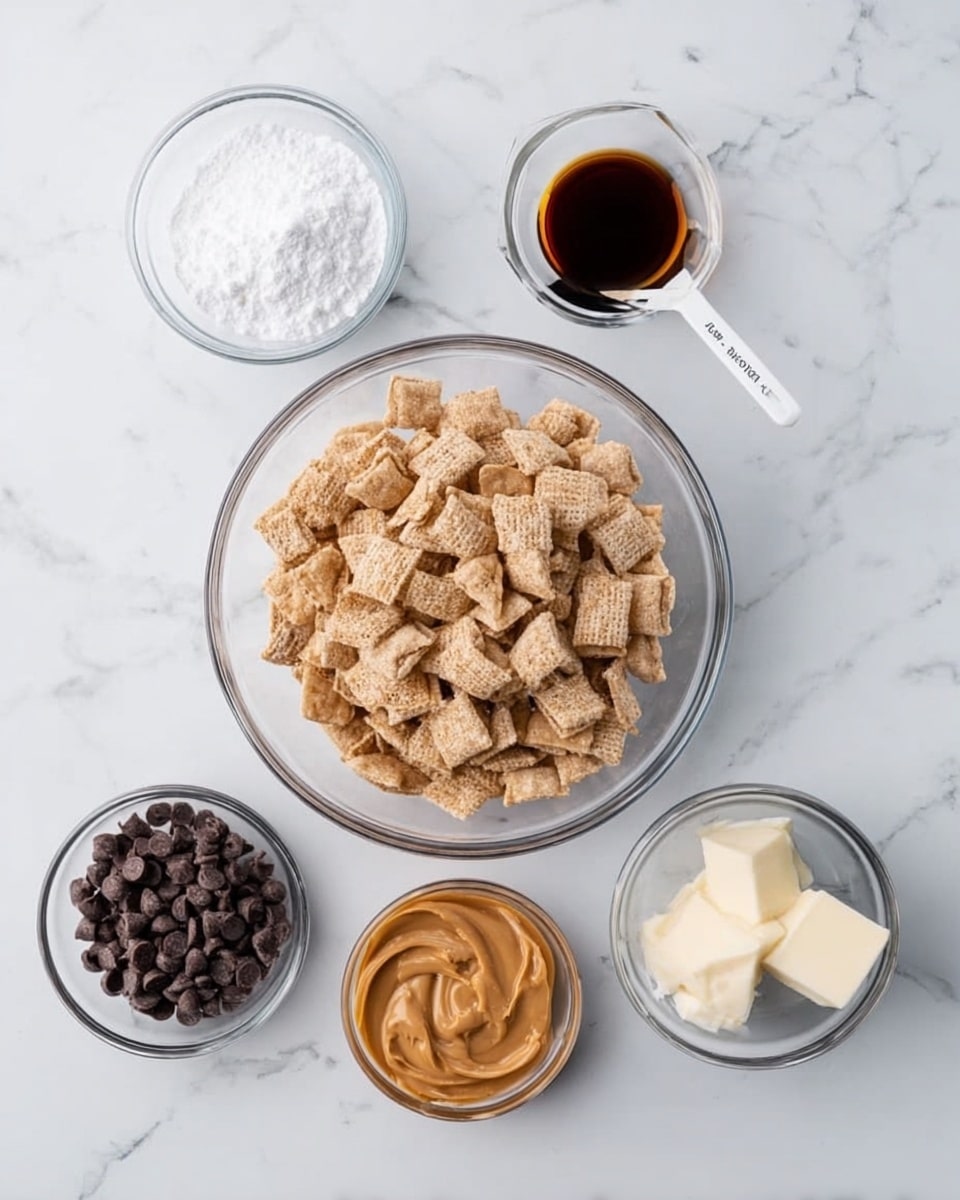 The image shows five small clear glass bowls arranged on a white marbled surface. In the center, there is a large clear glass bowl filled with light tan, square-shaped, crunchy cereal pieces. Surrounding it are four smaller bowls: one with white powdered sugar on the top left, one with small dark brown chocolate chips on the bottom left, one with light brown creamy peanut butter on the bottom right, and one with a small white cube of butter on the top right. Above the butter bowl is a white measuring spoon holding a dark brown liquid, likely vanilla extract. All bowls are transparent and clearly show the textures and colors of their contents. Photo taken with an iphone --ar 4:5 --v 7