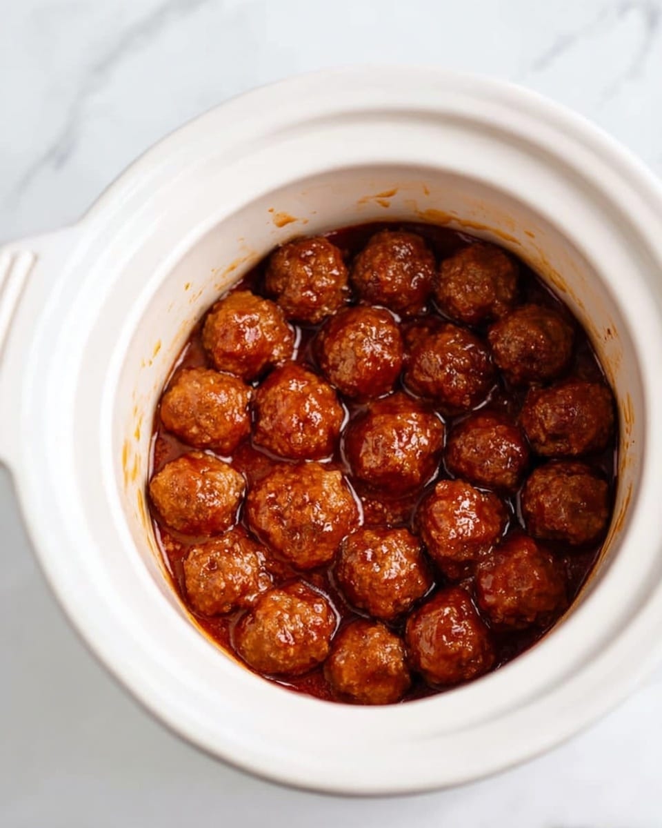 A white ceramic slow cooker filled with one layer of small, round meatballs coated in a shiny, reddish-brown sauce. The meatballs are closely packed, showing a textured surface with some sauce pooling between them. The slow cooker is placed on a white marbled surface with soft natural lighting highlighting the glossy sauce on the meatballs photo taken with an iphone --ar 4:5 --v 7