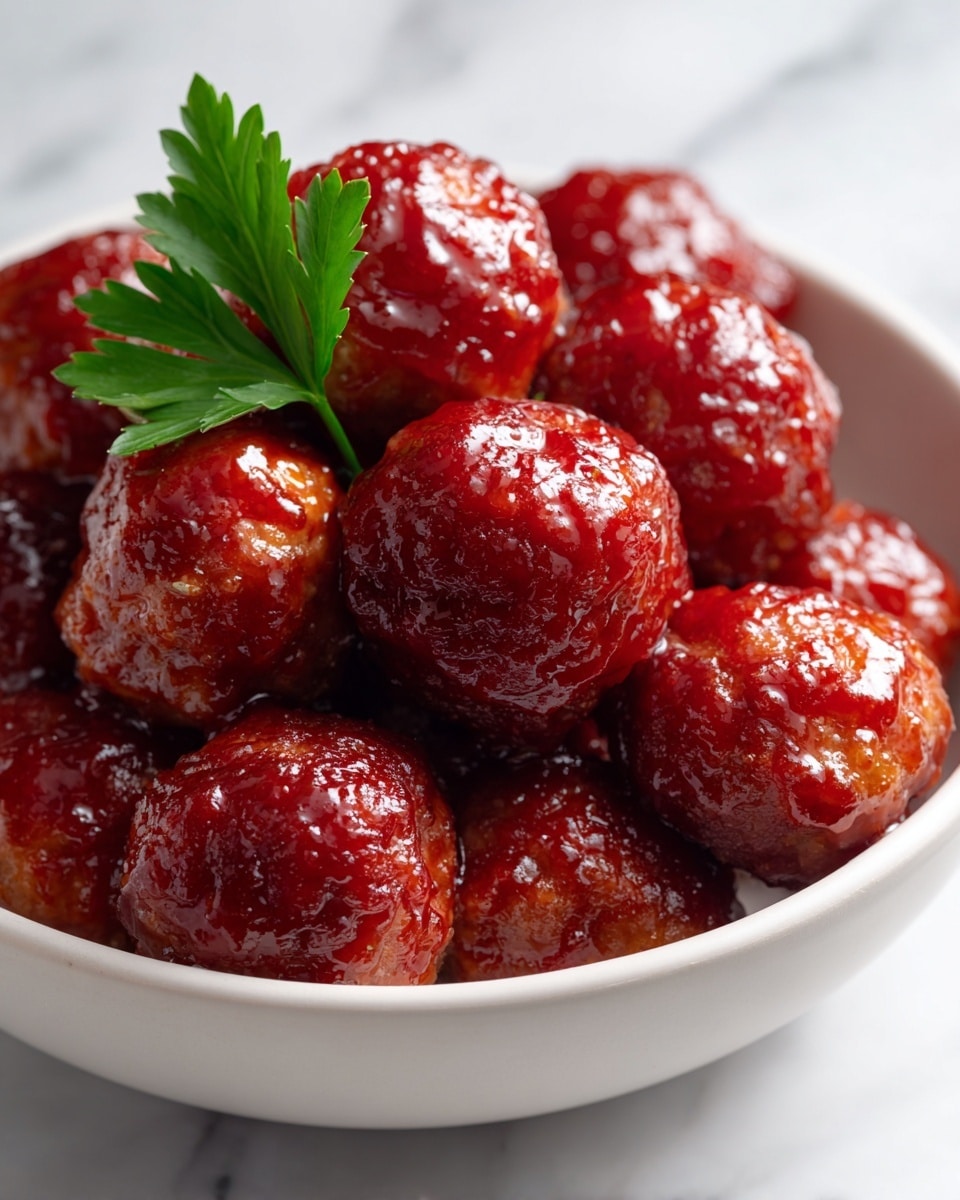 A white bowl holds twelve shiny red meatballs covered in a thick glaze, glistening under the light with slightly uneven surfaces. A green parsley leaf rests on the left side inside the bowl, adding a fresh color contrast. The bowl sits on a white marbled surface with faint patterns around it. The meatballs are closely packed, some showing slight browning. Photo taken with an iphone --ar 4:5 --v 7