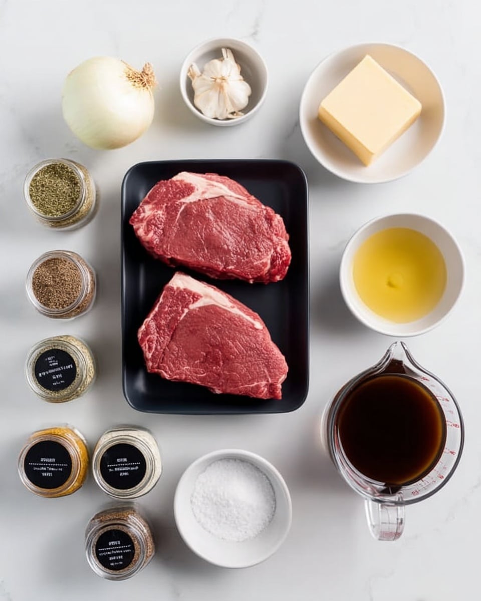 The image shows a flat lay of raw ingredients on a white marbled surface. In the center, there are two large raw red meat pieces placed in a small black tray. Surrounding the tray, there are several small white bowls and jars with different items: a white onion and a garlic bulb on the top left, a square chunk of yellow butter in a white bowl above the meat, and a white bowl with light yellow liquid to the right. On the bottom are small white bowls containing white powder and yellow mustard. There are also five clear spice jars with black lids and black labels, containing various herbs and spices arranged around the meat and bowls. A clear measuring cup filled with dark brown liquid sits at the bottom right. Everything is neatly placed and evenly spaced on the white marbled surface. photo taken with an iphone --ar 4:5 --v 7