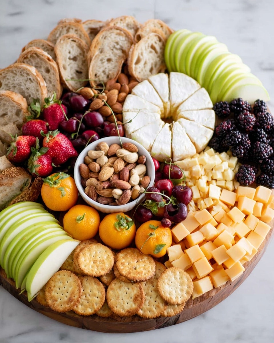 A large round wooden board is filled with various colorful foods arranged in layers. On the outer edge, slices of green apple fan out in a bright green curve next to a pile of crusty light brown bread slices with airy holes. Nearby, there are small bright yellow-orange tangerines with green leaves. Moving inward, there is a circular stack of pale white cheese rounds, followed by orange and white marbled square cheese slices layered closely. Outside the cheese, there are round light golden crackers and dark golden round crackers arranged in a loose pile. In the center, a white bowl holds a mix of brown and light tan nuts including cashews and almonds. Clusters of red and yellow cherries with green stems sit near the bottom left edge, with fresh strawberries and blackberries in the top left corner. The whole display rests on a white marbled surface. photo taken with an iphone --ar 4:5 --v 7