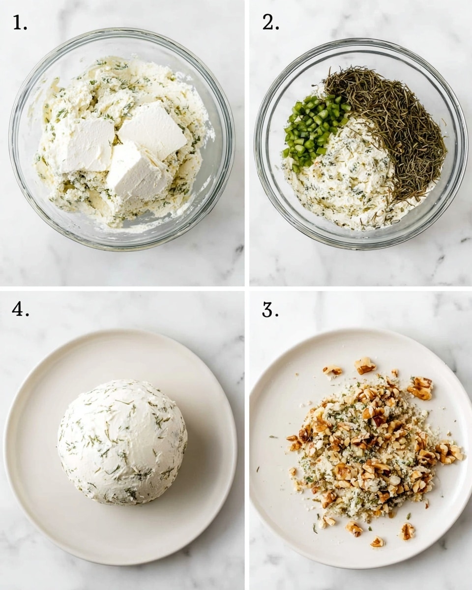 In the first image, a clear glass bowl sits on a white marbled surface, filled with three blocks of white cream cheese, green chopped jalapeños on the right, and dark green dried herbs scattered beneath; in the second image, the same glass bowl shows the ingredients mixed into a soft, creamy white texture with specks of green and herbs; the third image shows a smooth round ball of the creamy mixture, resting directly on the white marbled surface with small green flecks visible; the fourth image displays the creamy ball now rolled in a layer of chopped, light brown nuts and crumbs, sitting on a white plate placed on the white marbled surface, with some crumbs scattered around it, photo taken with an iphone --ar 4:5 --v 7