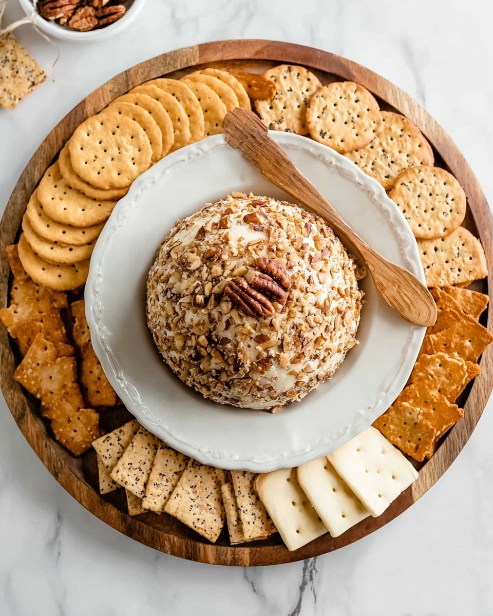 A round cheese ball covered with chopped nuts sits in the center of a white plate. The plate is on a wooden round board surrounded by four types of crackers arranged in separate arcs: golden round crackers, square light brown crackers with holes, thin round crackers with seeds, and small hexagonal crackers. There is a wooden spreader knife resting next to the cheese ball on the plate. The background is a white marbled surface. photo taken with an iphone --ar 4:5 --v 7