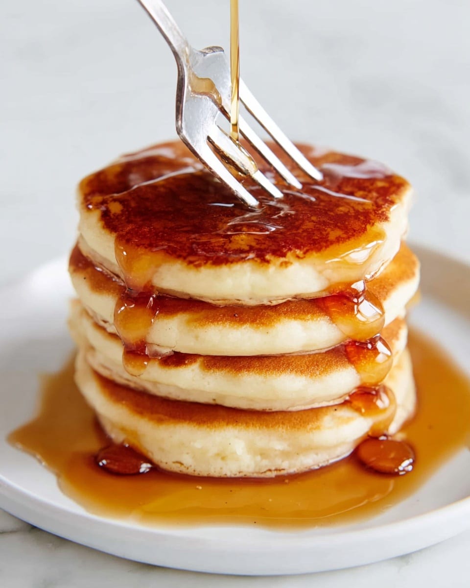 A stack of four thick, golden brown pancakes arranged evenly on a white plate, with syrup dripping down the sides and pooling at the base, a silver fork presses down on the top pancake, causing syrup to flow in thin streams over the edges, the smooth texture of the pancakes contrasts with the glossy syrup, all set against a white marbled surface, photo taken with an iphone --ar 4:5 --v 7