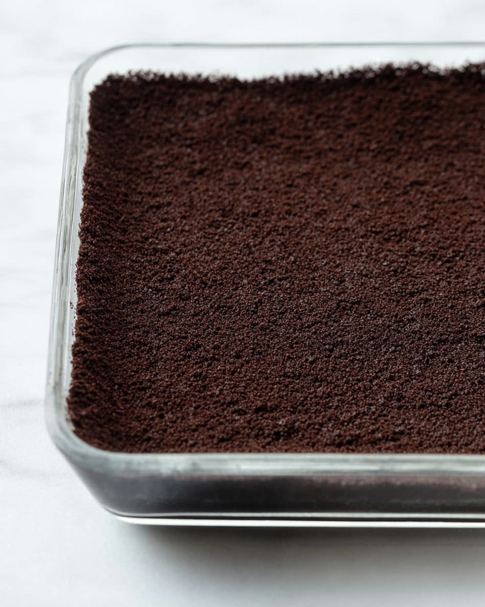 The image shows a close-up view of a single dark brown layer with a crumbly texture, spread evenly within a clear rectangular dish, set on a white marbled surface. This layer looks like finely crushed cookie crumbs or chocolate crumbs pressed flat, creating a smooth but slightly rough top surface. The edges are slightly raised against the sides of the dish, keeping the layer well contained. Photo taken with an iphone --ar 4:5 --v 7