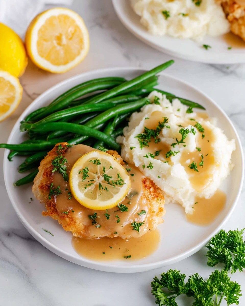 A white plate holds three main layers: a bed of bright green beans on the left, a golden brown chicken piece topped with light brown gravy and bright green parsley sprinkles in the center, and a scoop of creamy white mashed potatoes with a pool of light brown gravy on the right; a thin lemon slice rests on the chicken, while lemon halves and parsley sprigs sit on a white marbled surface around the plate. photo taken with an iphone --ar 4:5 --v 7