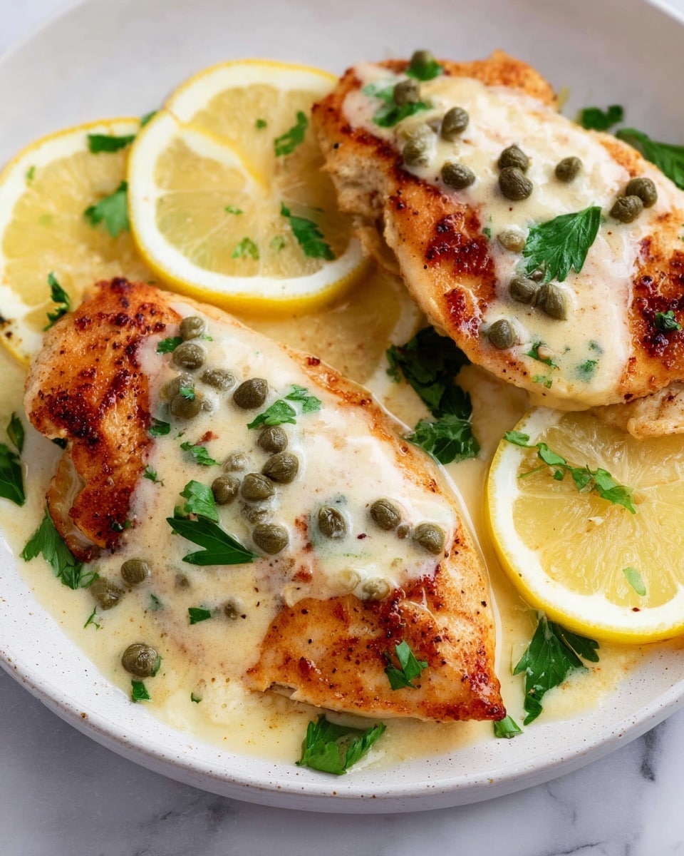 The image shows two lightly browned cooked chicken breasts lying on a white plate, each topped with a light creamy sauce that has small capers scattered on top. The creamy sauce looks smooth and slightly thick, covering the center parts of the chicken pieces. Around the chicken, there are bright yellow lemon slices adding color contrast. Fresh green parsley leaves are sprinkled over the dish, giving it a fresh look. The plate is set on a white marbled surface. The overall look is fresh and appetizing with warm colors of brown, cream, green, and yellow. photo taken with an iphone --ar 4:5 --v 7