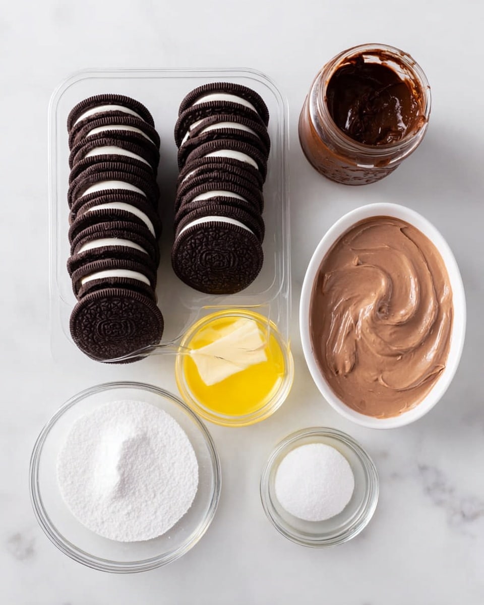 The image shows various ingredients placed on a white marbled surface. In the center, there is a clear plastic tray filled with stacked dark brown sandwich cookies with white cream inside, arranged in neat rows. To the right, there is an oval white bowl filled with smooth, light brown chocolate mousse with a slight peak in the middle. Above that bowl, there is an open jar with dark brown chocolate spread visible inside. To the upper right of the cookies, a small transparent glass jug holds white milk. Next to the milk jug, there is a small white bowl with melted yellow butter. On the left side of the cookies, a large clear glass bowl is empty, while below it, another large clear glass bowl is filled with white sugar. Below the sugar bowl, a small glass jar contains clear vanilla extract. The lighting is bright, and everything is arranged neatly. photo taken with an iphone --ar 4:5 --v 7
