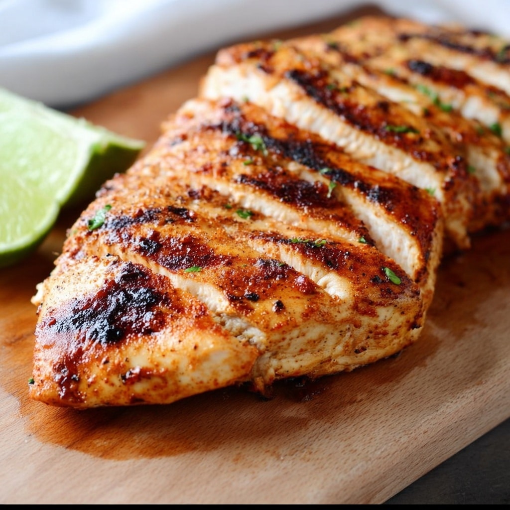 An oval white plate holds four grilled chicken pieces stacked slightly on each other, with a golden brown color and visible grill marks on top. Small green cilantro leaves are scattered over the chicken, adding bits of green color. Around the chicken, lime wedges are placed in the plate’s corners, showing light green flesh and thick white rind. A whole lime with dark green skin sits near the plate on a white marbled surface. The overall image has bright and natural lighting, showing clear textures of the chicken and fresh lime. Photo taken with an iphone --ar 4:5 --v 7