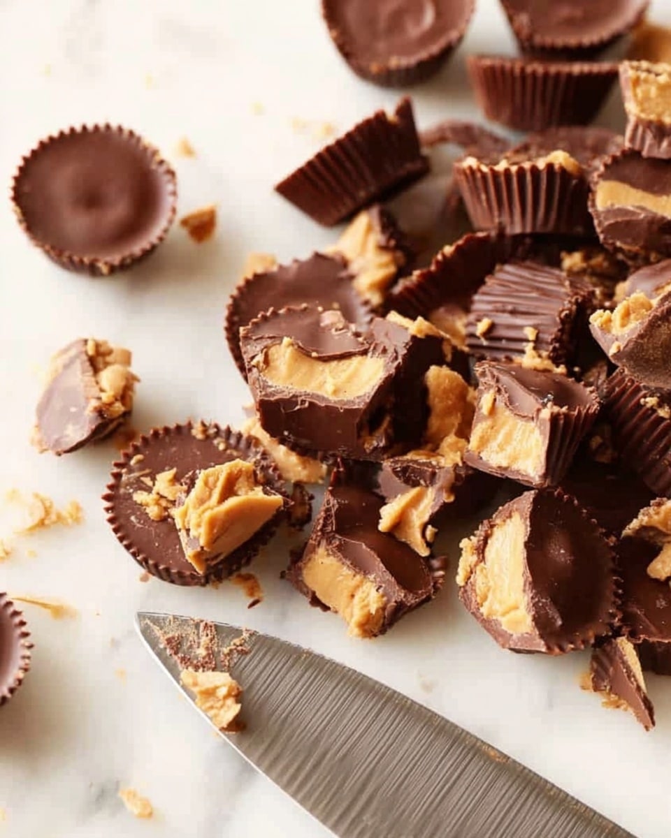 The image shows many small chocolate cups filled with peanut butter, some whole and others broken into pieces scattered on a white marbled surface. The chocolate cups have a smooth, dark brown outside with a textured edge, and inside reveals a creamy, light brown peanut butter filling. In the lower right corner, there is a close-up of a large knife with a shiny, textured metal blade resting on the white marbled surface. Photo taken with an iphone --ar 4:5 --v 7
