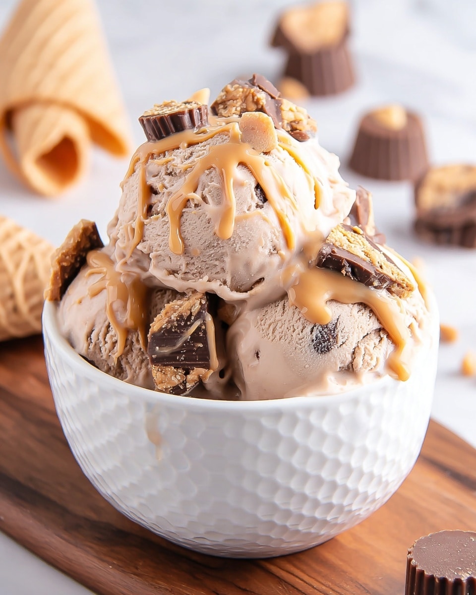 A white bowl with a textured geometric pattern holds two scoops of light brown ice cream with small dark bits inside. The ice cream is topped with thick, smooth peanut butter sauce drizzled unevenly, with a few drops running down the sides of the bowl. Scattered on top are several chunks of peanut butter cup candies and peanut butter chips, adding a mix of dark brown and tan colors with rough, chunky textures. The bowl sits on a wooden board with a white marbled surface underneath. Nearby, unopened peanut butter cups and waffle cones are partially visible out of focus. photo taken with an iphone --ar 4:5 --v 7