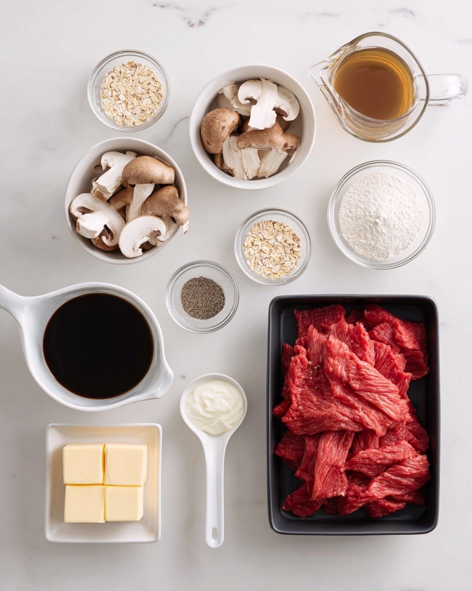 A top-down view of various ingredients for a meal arranged neatly on a white marbled surface. At the center is a black tray filled with bright red raw beef strips, surrounded by small white bowls and a glass bowl holding each ingredient: sliced brown and white mushrooms, a small bowl of light brown oat or grain flakes, a pile of fine white flour, a small bowl of dark soy sauce, a glass pitcher with brown broth, a small bowl of salt, a small bowl of black pepper, a white dish with two square pieces of yellow butter, and a white measuring spoon filled with thick white cream or sour cream. The scene is clean and brightly lit, with a soft shadow underneath each item. Photo taken with an iphone --ar 4:5 --v 7