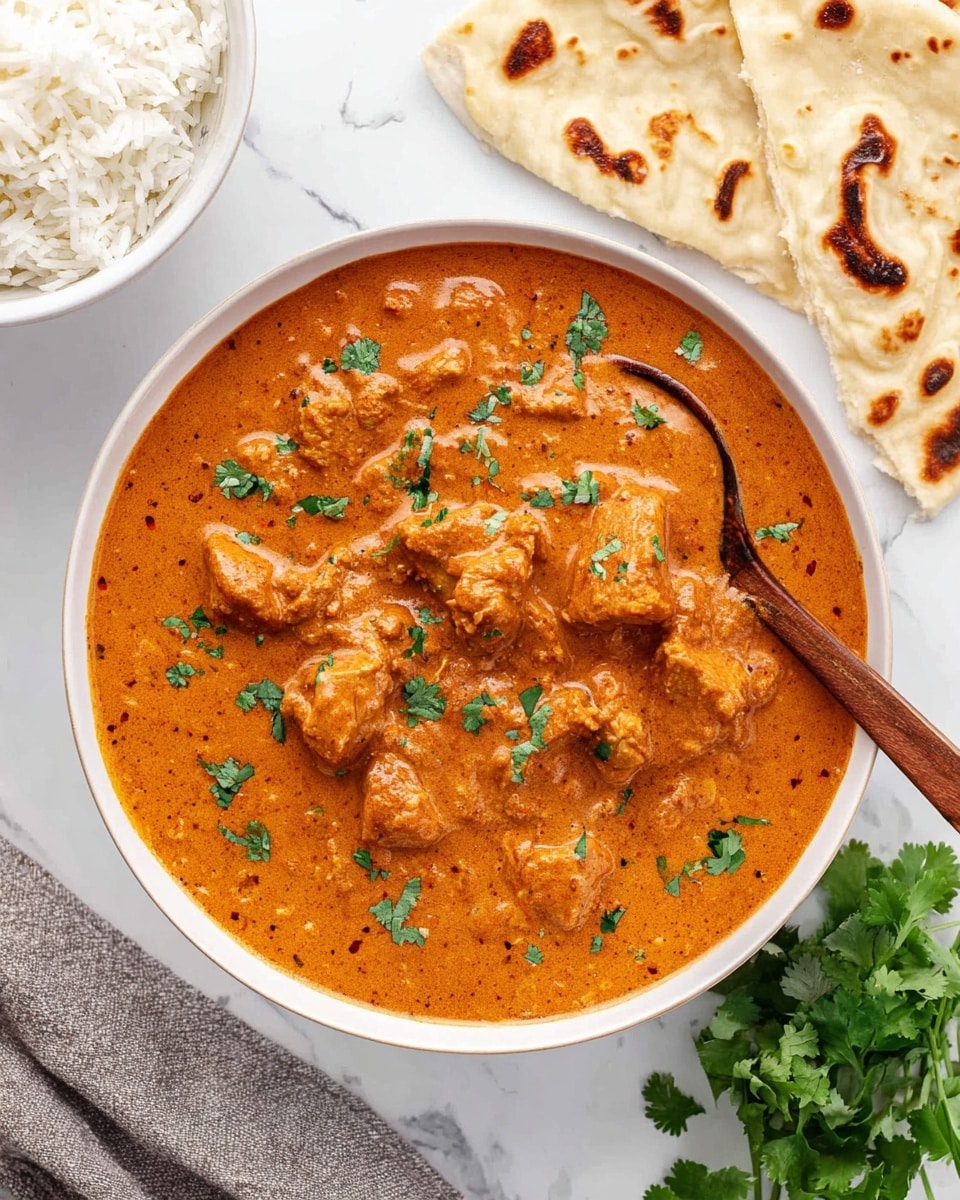 A white bowl filled with thick orange curry, showing chunks of tender cooked meat mixed into a creamy sauce, sprinkled with small fresh green cilantro leaves on top. A wooden spoon is scooping some curry from the center of the bowl, resting inside. Around the bowl are pieces of soft white flatbread with brown toasted spots placed on a white marbled surface, along with a small white bowl of steamed white rice at the top left and a bunch of fresh green cilantro at the bottom right. The whole setup is bright and clean, with a fresh and inviting presentation. photo taken with an iphone --ar 4:5 --v 7